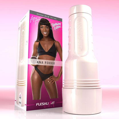 Ana Fox in black lingerie on pink Birthday edition Fleshlight packaging with pearl case. 
