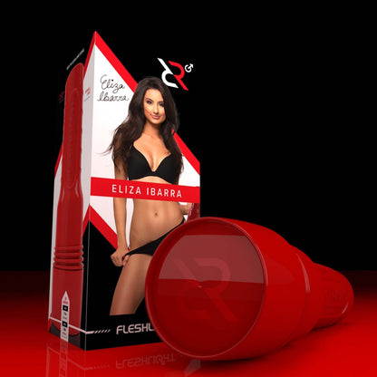 Ricky's Room Fleshlight packaging with  Eliza Ibarra in black lingerie red Fleshlight case. 
